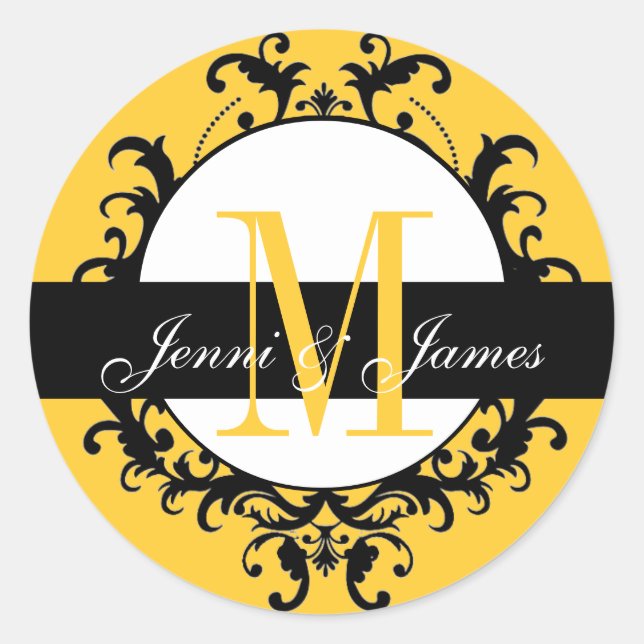 Wedding Monogram Names Ornate Yellow Label (Front)