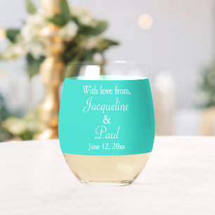 Wedding Monogram Names Turquoise White Stemless Wine Glass