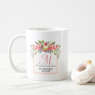 Wedding Monogram Peach Watercolor Floral Wreath Coffee Mug