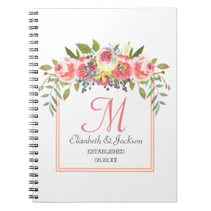Wedding Monogram Peach Watercolor Floral Wreath Notebook