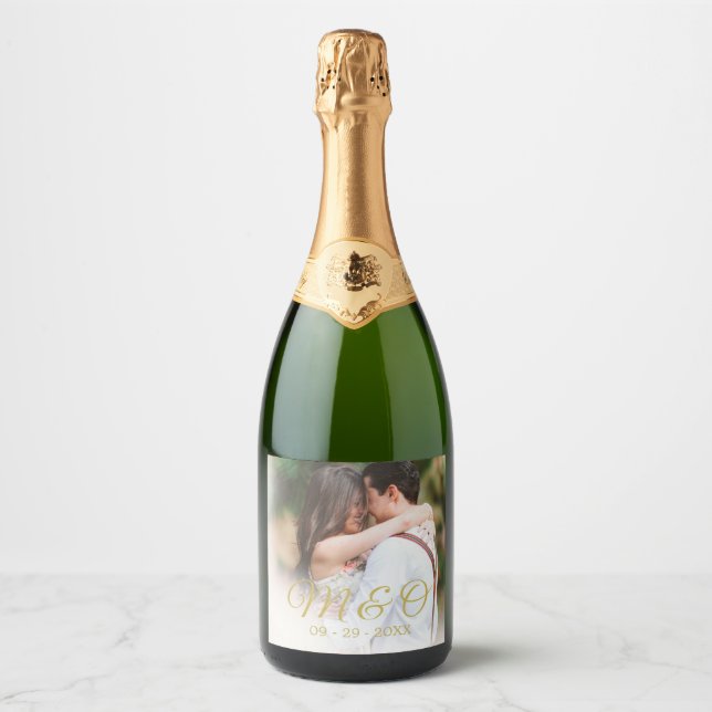 Wedding Monogram Photo Sparkling Wine Sparkling Wine Label (Front)