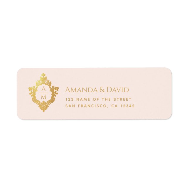 Wedding Monogram Pink Faux Gold Vintage Crest   Return Address Label (Front)