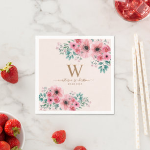 Wedding Monogram Pink Green Floral Bouquet Paper Napkin