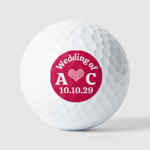 WEDDING Monogram Pink Heart & Crimson Background Golf Balls