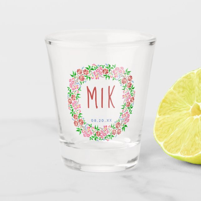 Wedding Monogram Pretty Floral Wreath Married Date Shot Glass (Front)