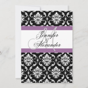 Wedding Monogram Purple Damask Invitation Back