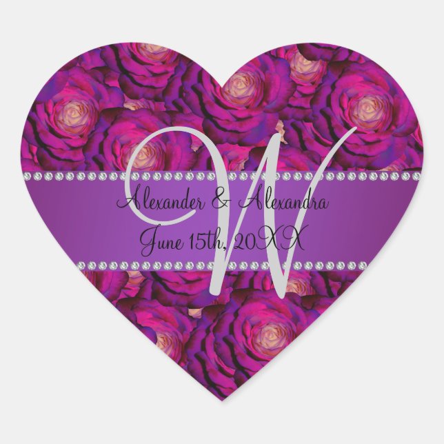 Wedding monogram purple roses heart sticker (Front)