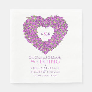 Wedding monogram purple tulips wreath ink drawing napkin