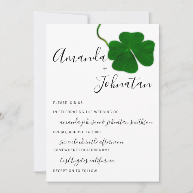 Wedding Monogram QR Black White Four-leaved Clover Invitation (Front)