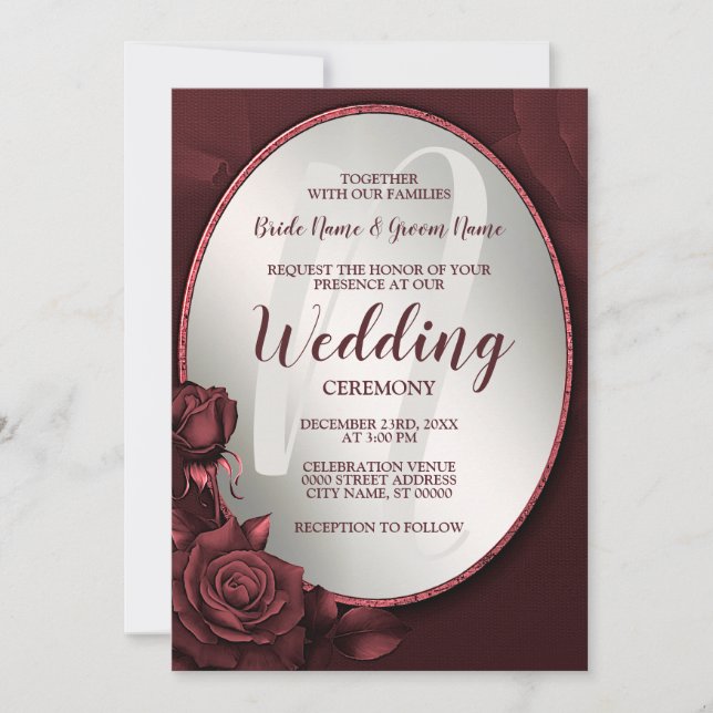 Wedding Monogram Red Pink Roses Flowers Frame Invitation (Front)