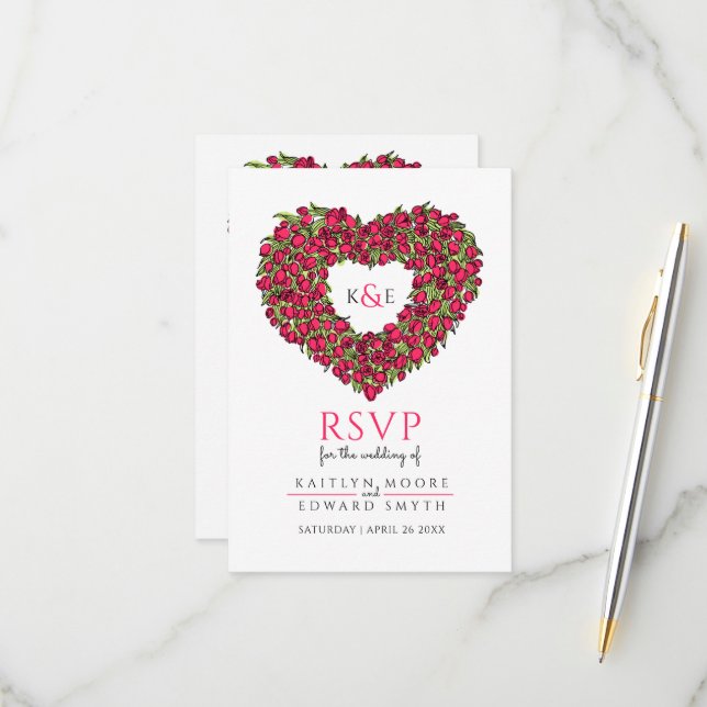 Wedding monogram red tulip flower heart RSVP Card (Front/Back In Situ)