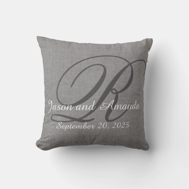 Wedding Monogram Rustic Grey Linen Look Cushion (Front)