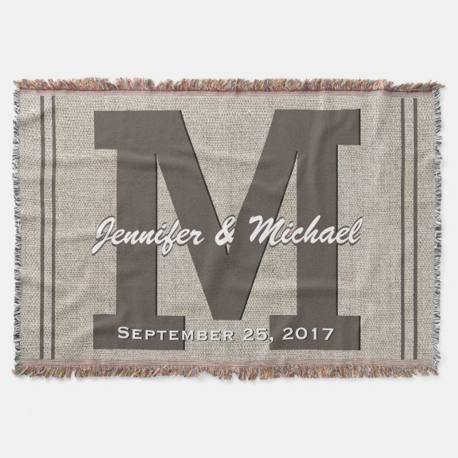 Wedding Monogram | Rustic Linen Look Throw Blanket (Front)