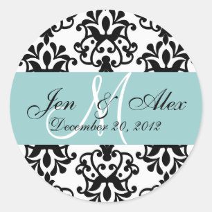 Wedding Monogram Save Date Damask Blue Seal