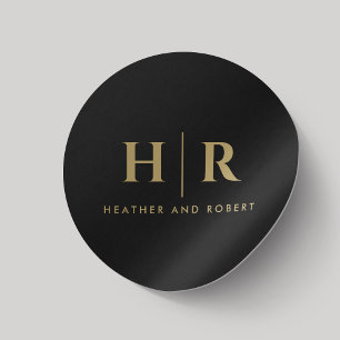 Wedding Monogram Simple Classic Chic Black Gold Round Sticker