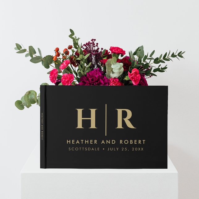 Wedding Monogram Simple Classic Minimal Gold Black Guest Book (Creator Uploaded)