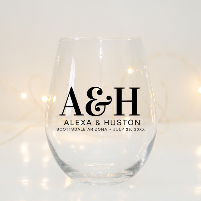 Wedding Monogram Simple Elegant Minimalist Chic Stemless Wine Glass (Creator Uploaded)
