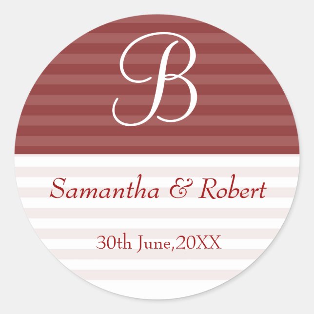Wedding Monogram Stickers:Brown Stripes Classic Round Sticker (Front)