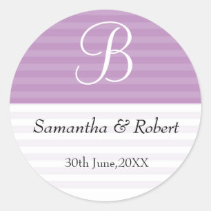 Wedding Monogram Stickers:Purple Stripes Classic Round Sticker