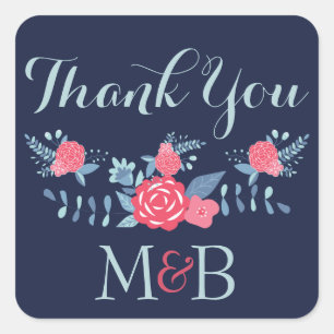 Wedding monogram Thank You Stickers navy and pink
