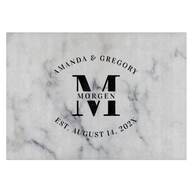 Wedding Monogram Typography White Marble Cutting Board (Front)