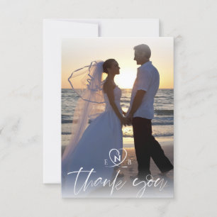 Wedding Monogram White Hearts Two Photos Script Thank You Card