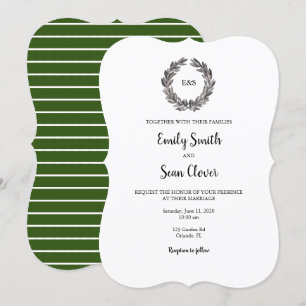 Wedding Monogram Wreath Green Stripe Invitation