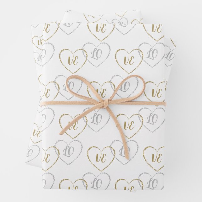 Wedding Monograms, Silver and Gold Heart Charms Wrapping Paper Sheet (In situ)