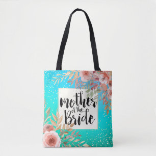 Wedding Mother of the Bride Pink Floral Teal Gold Tote Bag