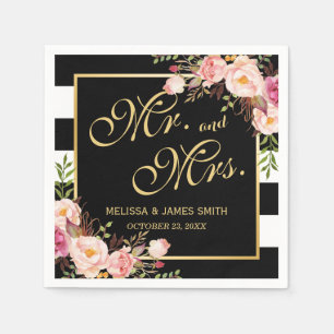 Wedding Mr. and Mrs. Floral Gold Frame Stripes Napkin