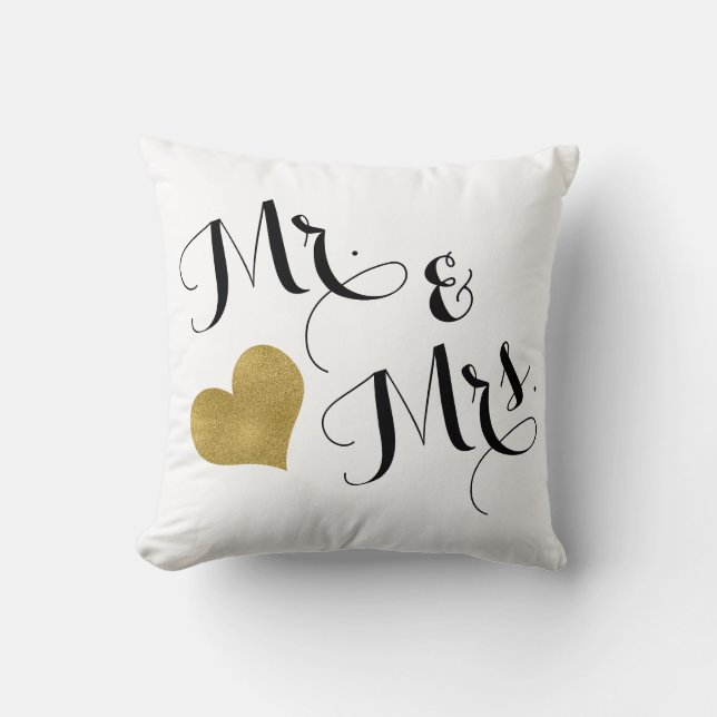 Wedding Mr. & Mrs. Black Script Gold Heart Cushion (Front)
