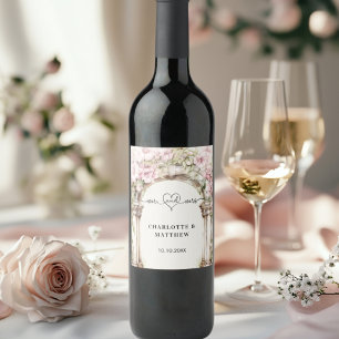 Wedding mr mrs heart script pink florals arch wine label