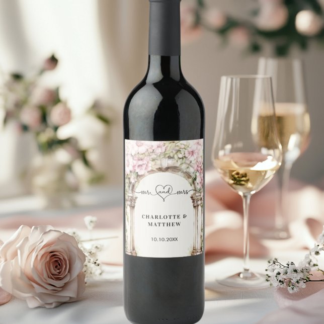 Wedding mr mrs heart script pink florals arch wine label (Creator Uploaded)