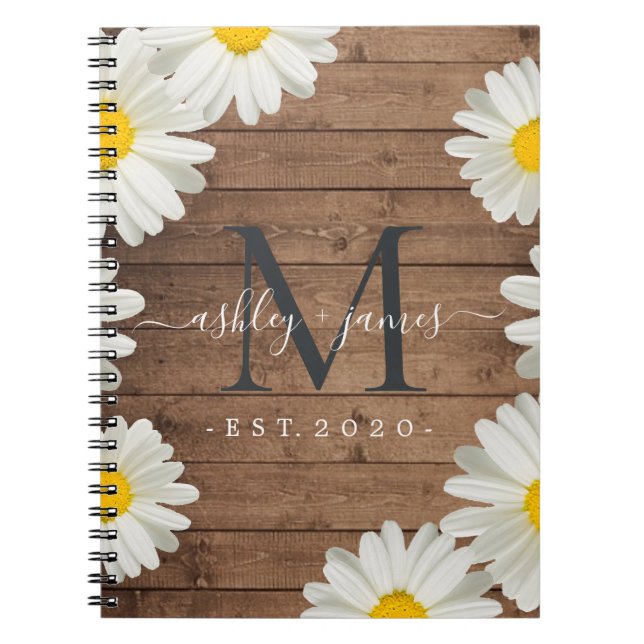 Wedding Mr Mrs Monogram Daisies Floral Rustic Wood Notebook (Front)