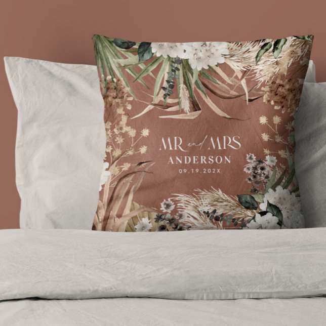 Wedding Mr Mrs pampas eucalyptus modern boho gift Cushion (Creator Uploaded)