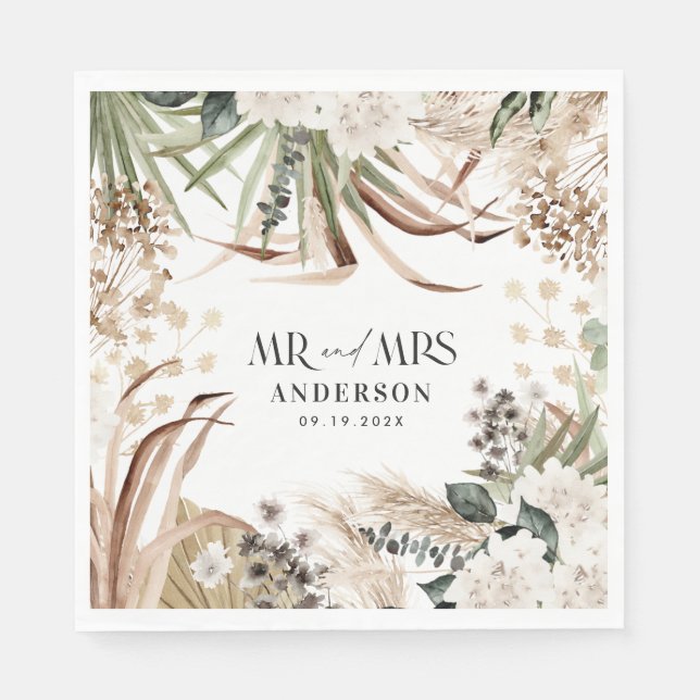 Wedding Mr Mrs pampas eucalyptus modern boho party Napkin (Front)
