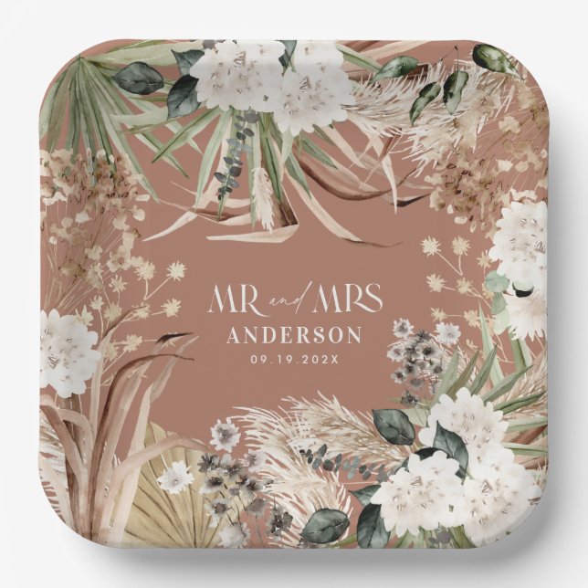 Wedding Mr Mrs pampas eucalyptus modern boho party Paper Plate (Front)