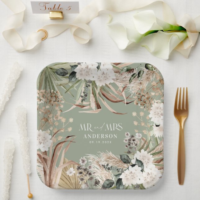 Wedding Mr Mrs pampas eucalyptus modern boho party Paper Plate (Wedding)