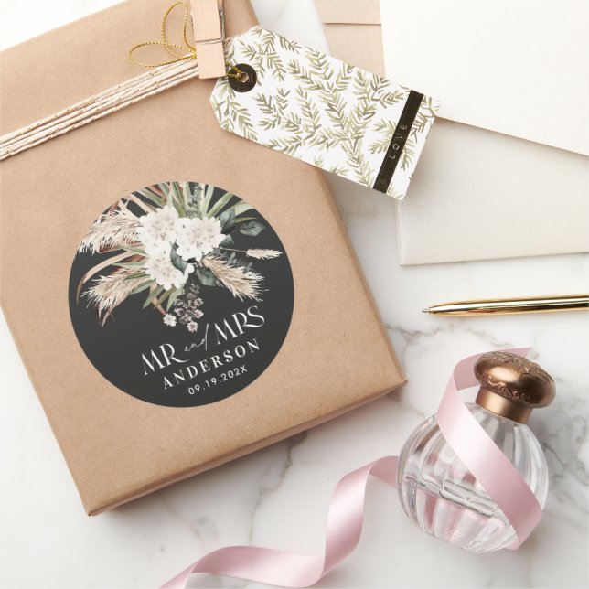 Wedding Mr Mrs pampas grass, eucalyptus botanical  Classic Round Sticker (Gifting)