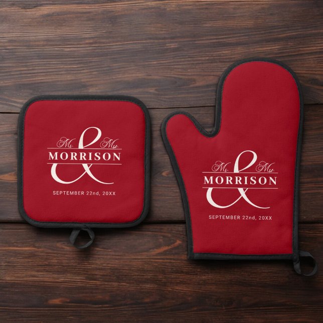 Wedding Mr Mrs Red Monogram Gift Oven Mitt & Pot Holder Set (Creator Uploaded)