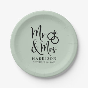 Wedding Mr Mrs Sage Green Paper Plate