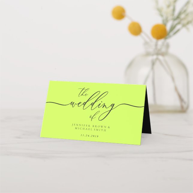 Wedding Name Simple Cyber Lime Jet Black Place Card (Back)