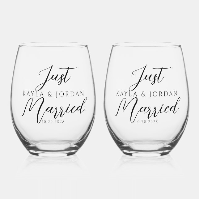 Wedding Names Just Married Stemless Wine Glass (Front)