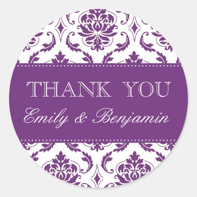 Wedding Names Purple Damask Thank You Labels (Front)