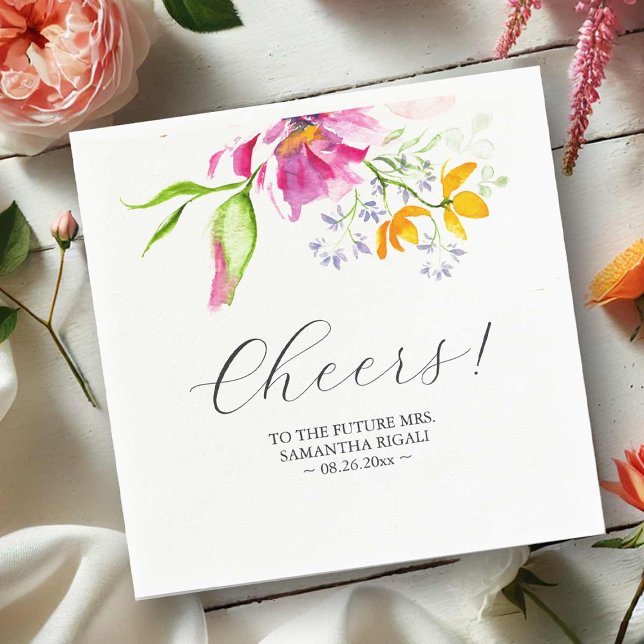 Wedding Napkins Botanical Flowers (Bridal shower napkins. Pink and orange watercolor flowers by Victoria Grigaliunas Do Tell A Belle)