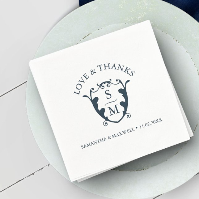 Wedding Napkins Template Custom Monogram Crest (Monogram wedding napkins blue initials and crest art by Victoria Grigaliunas of Do Tell A Belle)