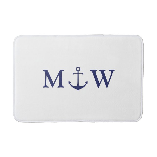Wedding nautical anchor navy blue monogram bath mat (Front)