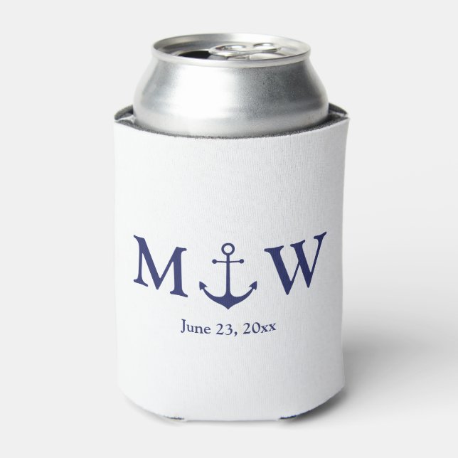 Wedding nautical anchor navy blue monogram favours can cooler (Can Front)