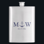Wedding nautical anchor navy blue monogram favours hip flask<br><div class="desc">Wedding nautical anchor navy blue monogram initials favours Flask,  Groomsmen Gifts
Minimalist elegant design
customisable text
check the rest of the collection for favours,  gift tags,  stickers,  seals,  labels,  party supplies,  gift bags,  gift boxes,  cards,  etc
great for seaside ocean beach coastal style Weddings</div>
