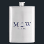 Wedding nautical anchor navy blue monogram favours hip flask<br><div class="desc">Wedding nautical anchor navy blue monogram initials favours Flask,  Groomsmen Gifts
Minimalist elegant design
customisable text
check the rest of the collection for favours,  gift tags,  stickers,  seals,  labels,  party supplies,  gift bags,  gift boxes,  cards,  etc
great for seaside ocean beach coastal style Weddings</div>